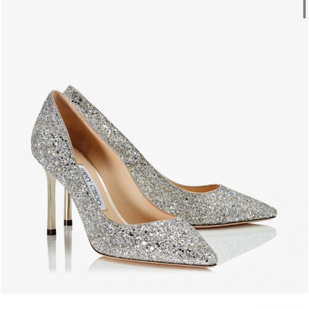 JIMMY CHOO Romy 85 Champagne Coarse Glitter Fabric Pointy Toe Pumps/ Heels